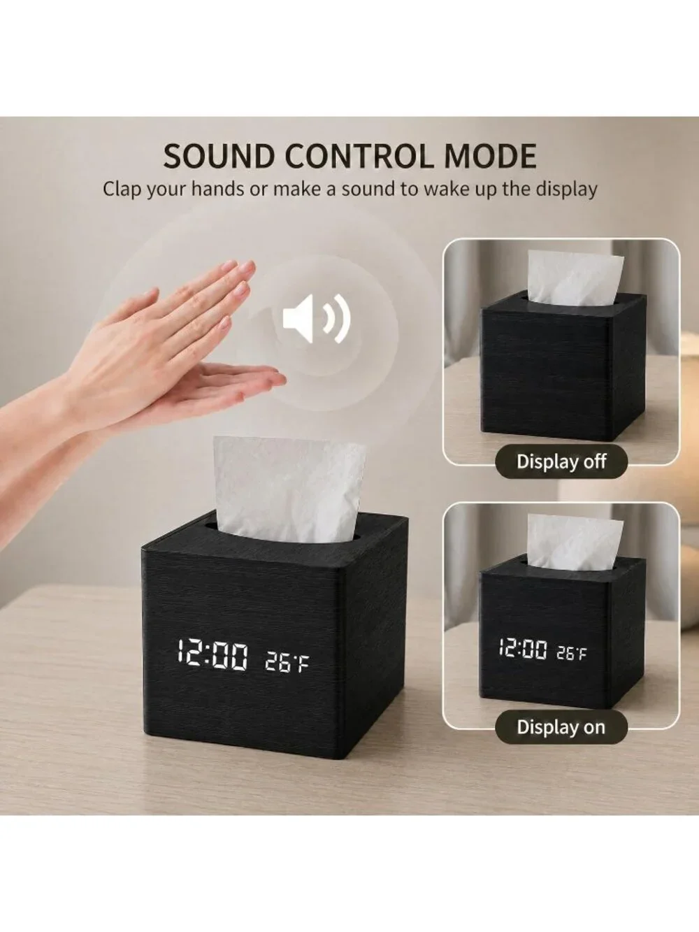 Home Black Digital Cordless Alarm Temperature Display Wooden Tissue Box Clock